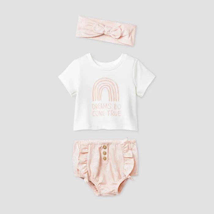 Baby Girls' Knit 'Dreams Do Come True' Top & Bottom Set with Headband - Cat & Jack™ Cream/Peach | Target