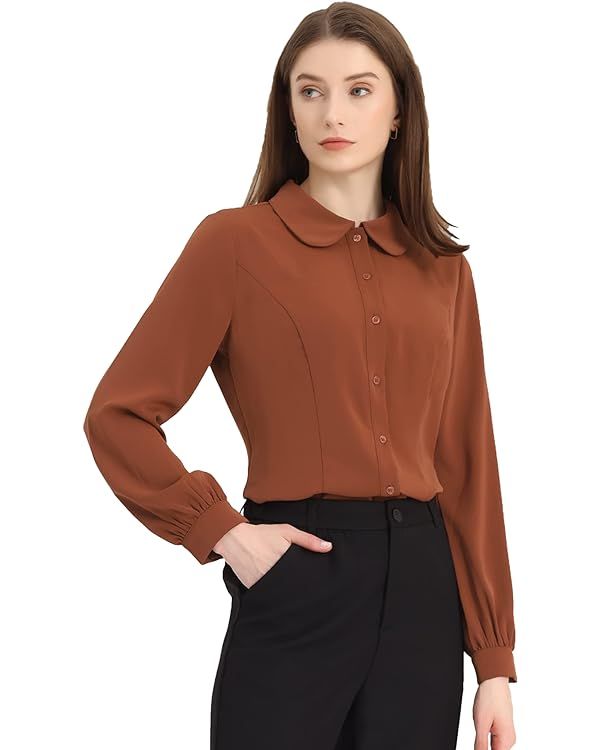 Allegra K Women's Button Up Shirt Business Casual Career Peter Pan Collar Long Bishop Sleeve Blou... | Amazon (US)