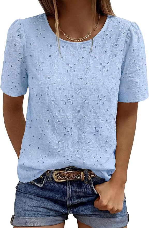 PRETTYGARDEN Embroidered Eyelet Tops for Women Summer Blouses Dressy Casual 2026 Spring Work Teac... | Amazon (US)