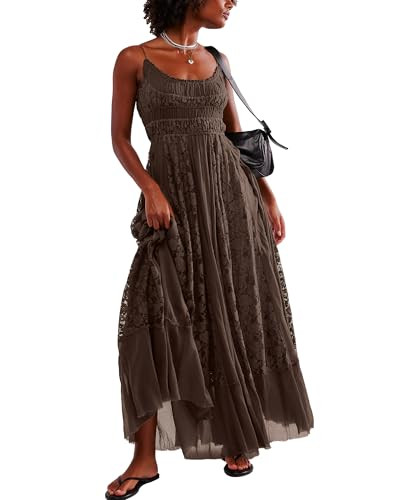 Gacaky Summer Dress for Women Casual Lace Floral Embroidered Bohemian Maxi Dress Flowy A Line Beach Long Dresses Coffee Medium | Amazon (US)