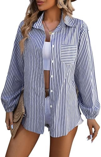 Women’s Long Sleeve Striped Print Shirts Button Down V Neck Casual Blouses Chest Pocket Lapel C... | Amazon (US)