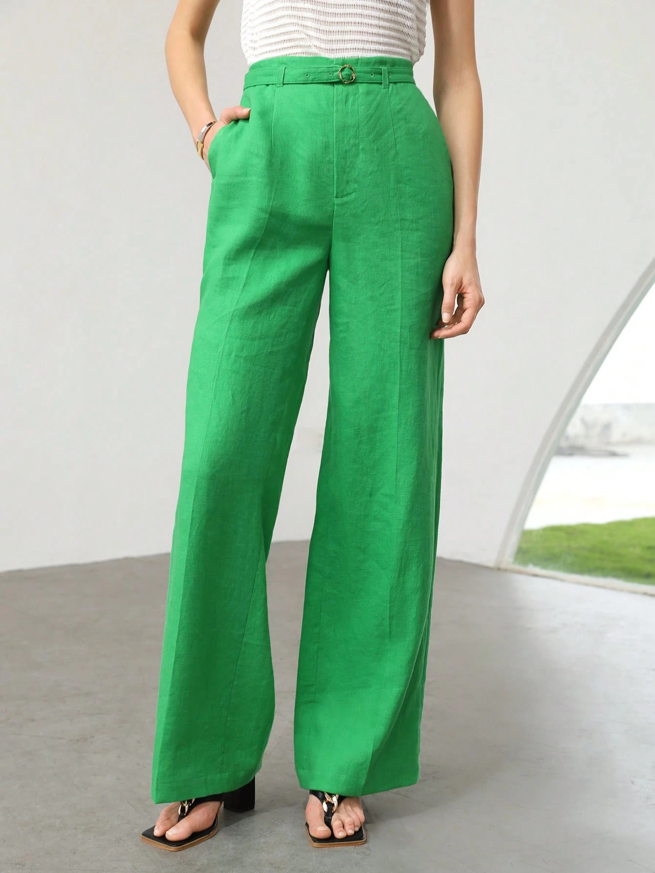 MOTF PREMIUM PURE LINEN BELTED DRESS PANTS | SHEIN