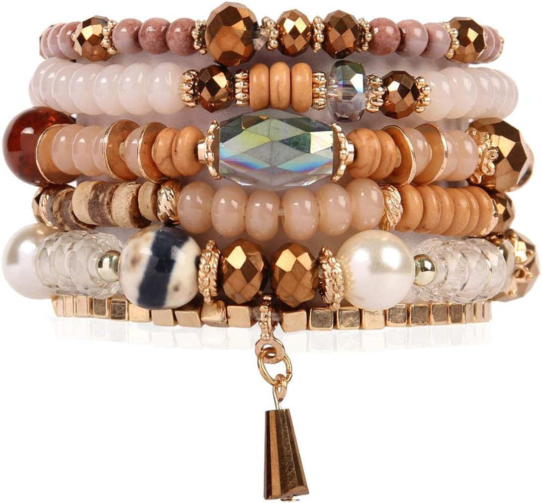 RIAH FASHION Bead Multi Layer Versatile Statement Bracelets - Stackable Beaded Strand Stretch Ban... | Amazon (US)