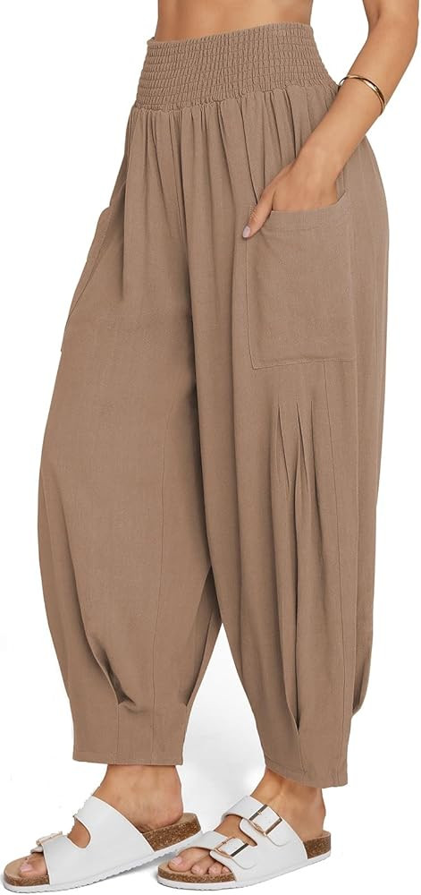 TARSE Women Linen Boho Pants Summer Casual Loose High Waist Cargo Lounge Harem Pant 2025 Beach Tr... | Amazon (US)