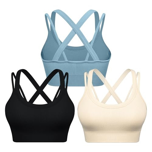 WANAYOU Cross Back Sports Bras Padded Strappy Criss Cross Workout Bras Ribbed Seamless Medium Support Yoga Bra with Removable Cups Wirelss Running Gym Bras 3 Pack | Amazon (US)