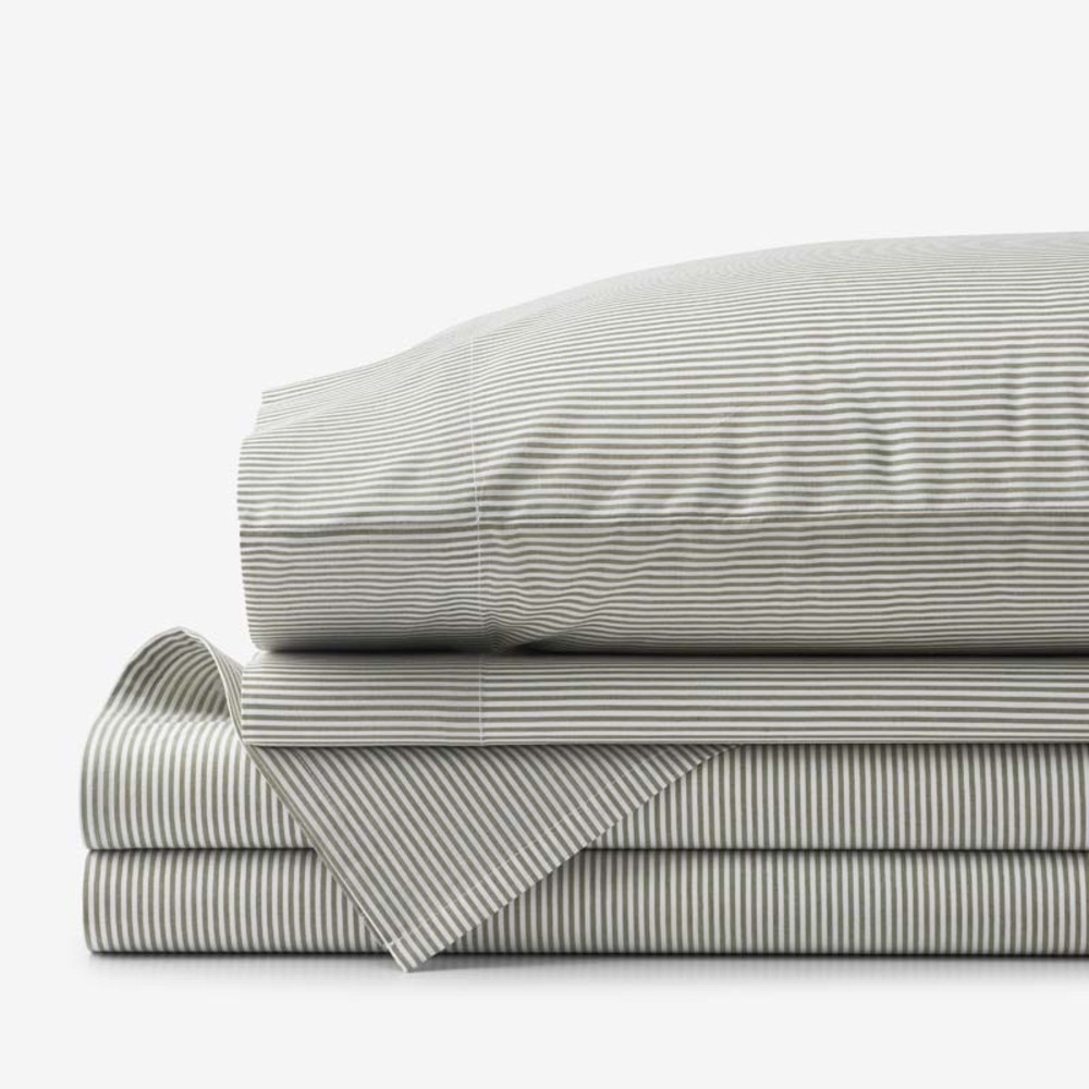 Classic Stripes and Plaids Cool Yarn-Dyed Cotton Percale Bed Sheet Set - Stripe Green, King | The Company Store