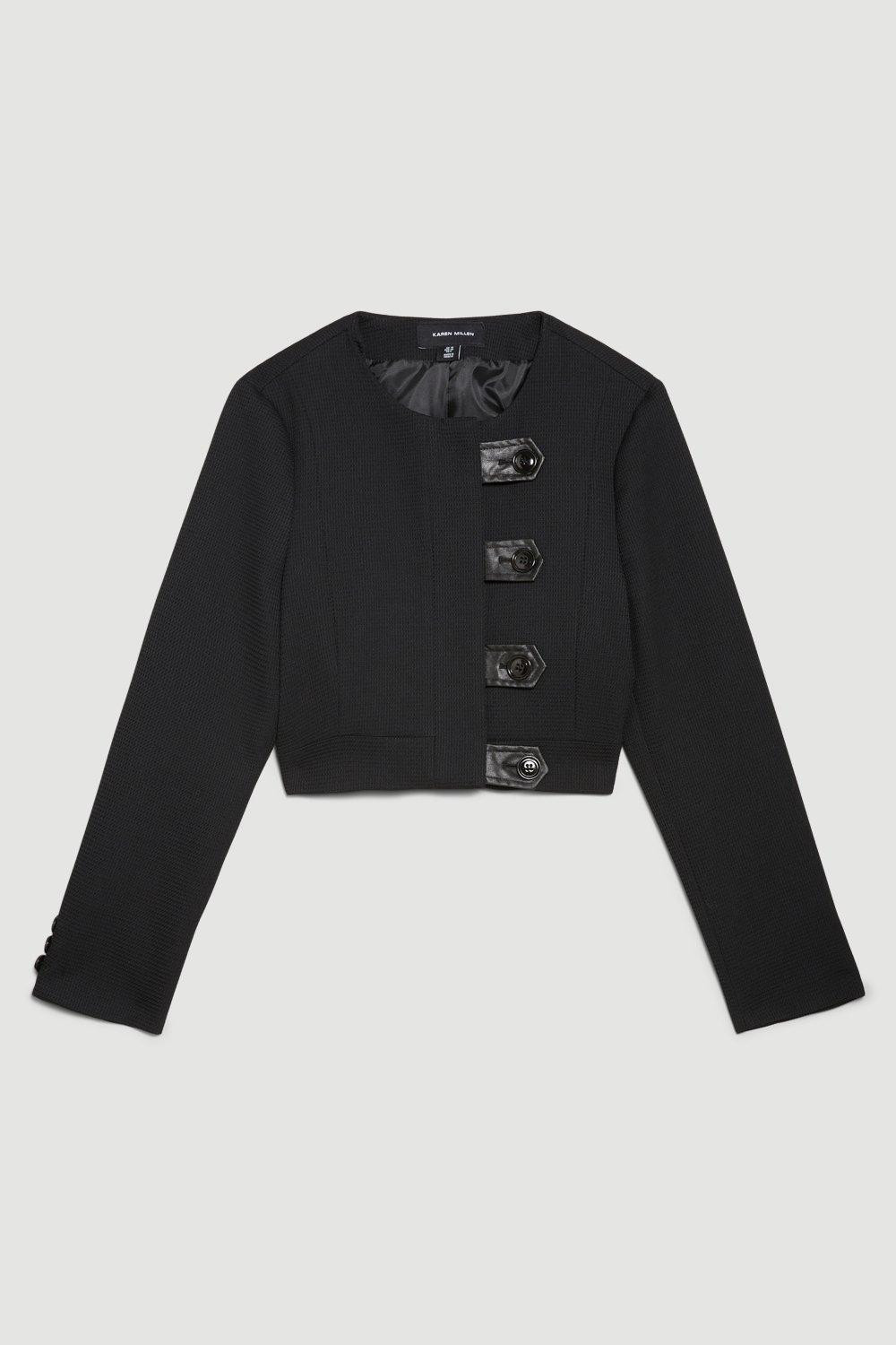 Textured Faux Leather Trim Crop Jacket | Karen Millen UK + IE + DE + NL