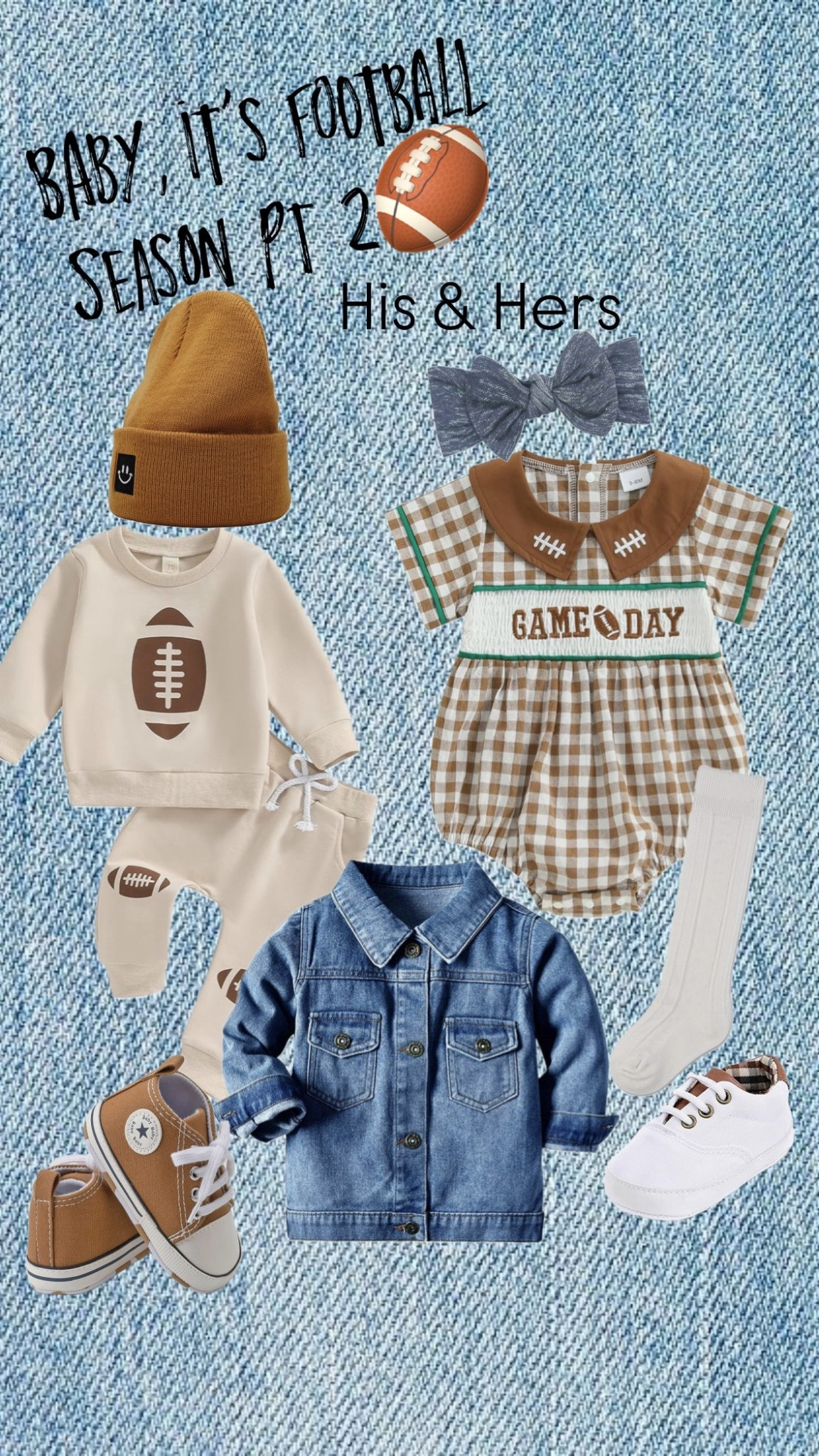 🏈 Baby, it’s football season Pt. 2! 🏈
Your tiniest teammates are ready for kickoff in these adorable game day baby outfits! Whether you’re shopping for a baby boy or baby girl, we’ve got both sides covered with the sweetest football sweat sets, smocked rompers, and gingham game day styles.

Mix and match with unisex staples like the denim jacket, brown Converse-style sneakers, football knit beanie, and cozy crewneck sets—perfect for tailgates, touchdowns, and tiny fans!

🧡 Link everything now on my LTK before the season starts!

#babyfootballoutfit #babygamedayoutfit #babyboyfashion #babygirlfashion #footballseason #fallbabyclothes #ltkfall #ltkbaby #gamedayoutfit #matchingbabyoutfits #unisexbabyclothes #babyconverse #babyootd #cutebabyclothes #ltkfamily

#LTKBaby #LTKKids #LTKFindsUnder50