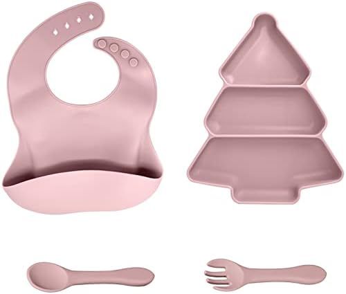 Silicone Baby Feeding Set of 4, Toddler Plate with Suction, Adjustable Silicone Bib, Toddler Fork... | Amazon (US)