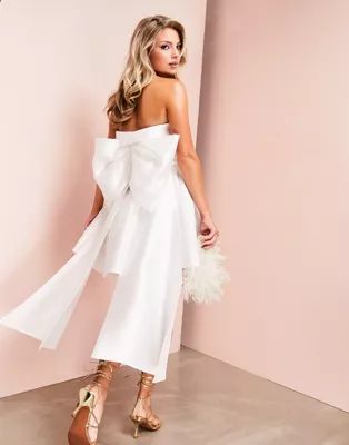 ASOS LUXE Wedding corsetted bandeau bowback satin mini dress in white | ASOS (Global)