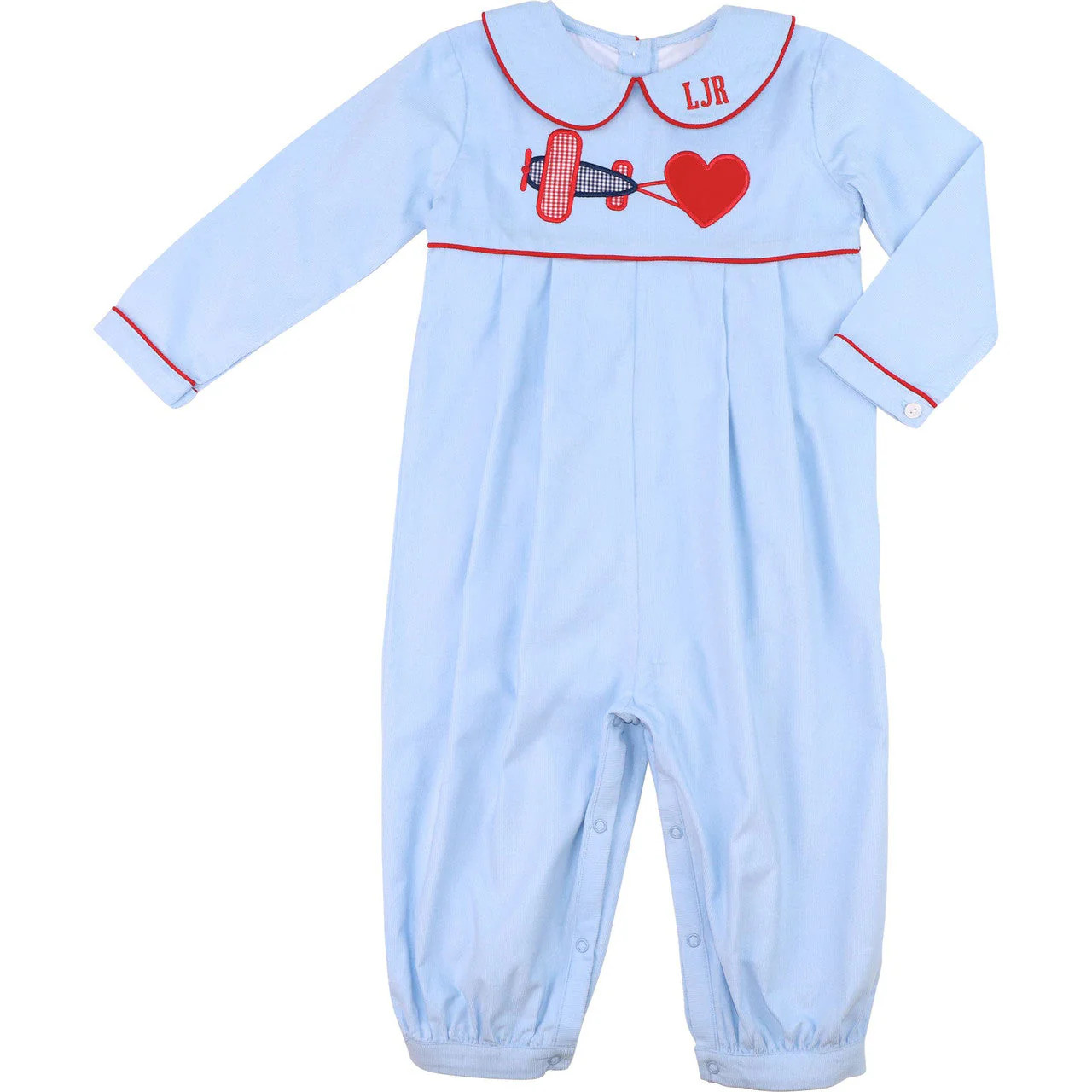 Blue Corduroy Applique Valentine Airplane Long Romper | Cecil and Lou