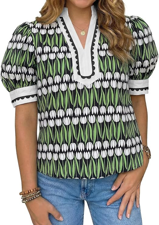 Tankaneo Womens Puff Sleeve Floral Blouse Tops Summer Dressy Casual V Neck Shirts Color Block Loo... | Amazon (US)