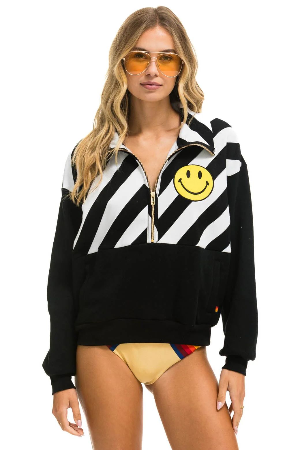 CAUTION SMILEY 2 EMBROIDERY FLEECE HALF ZIP SWEATSHIRT - BLACK // WHITE | Aviator Nation