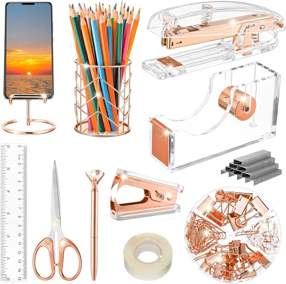 Aibocn Rose Gold Desk Accessories, Office Supplies, Acrylic Stapler, Staple Remover, Tape Holder,... | Amazon (US)