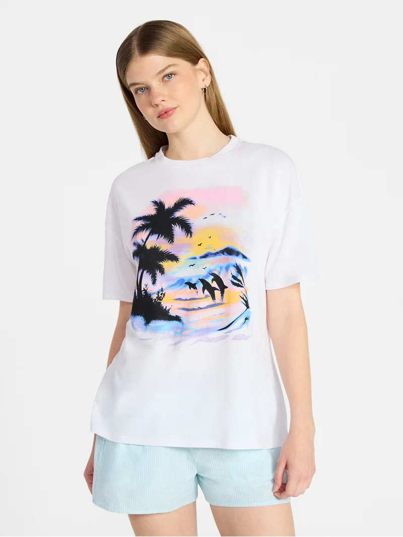 No Boundaries Graphic Oversized Boyfriend Tee, Women's XXS-XXL - Walmart.com | Walmart (US)