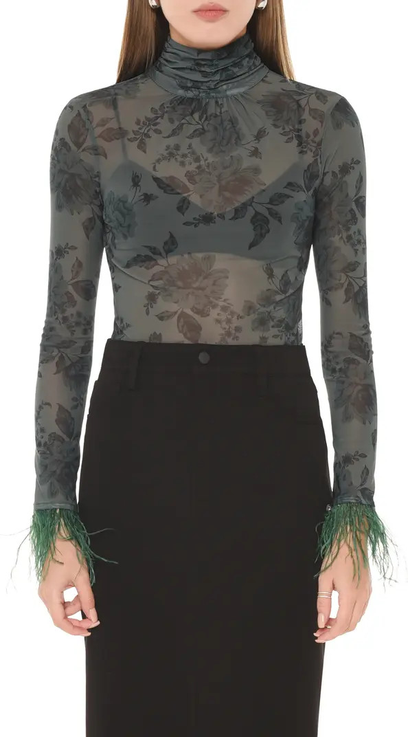 Lola Floral Print Feather Trim Turtleneck Bodysuit | Nordstrom