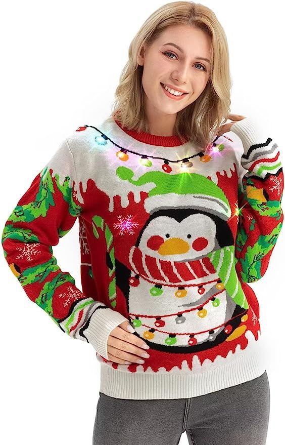 Women's LED Ugly Sweater Unisex Christmas Knit Funny Light-up Flashing Pullover for Party | Amazon (US)