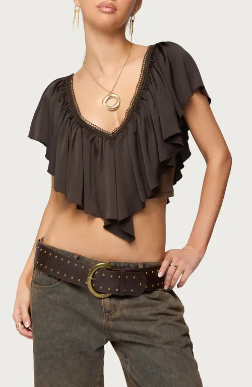 EDIKTED Deena Ruffle V-Neck Top in Dark-Gray at Nordstrom, Size Small | Nordstrom