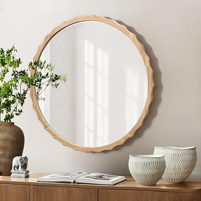 LuxenHome Circle Mirror for Bathroom, 32" Round Wall Mirror Natural Rubberwood Scalloped Frame, W... | Amazon (US)