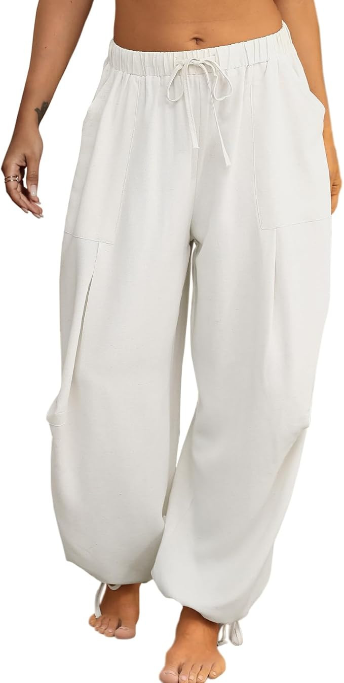 Women Linen Harem Pants Summer Drawstring Casual Lounge Baggy Pant Beach Travel Vacation Trousers... | Amazon (US)