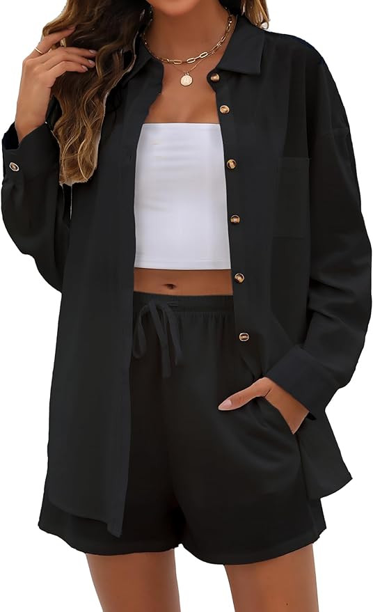 Namifin Women Two Piece Linen Sets Causal Tracksuits Button Down Shirts and High Waisted Shorts M... | Amazon (US)