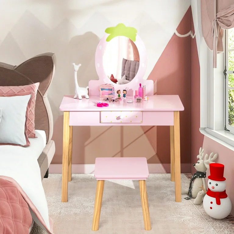 Costway Kid Vanity Table Stool Set with Mirror Wooden Legs Storage Drawer Pink | Walmart (US)
