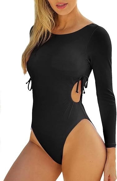 Herseas One Piece Bathing Suit for Women Long Sleeve High Cut Low Back Swimsuit Waist Cutout Athl... | Amazon (US)