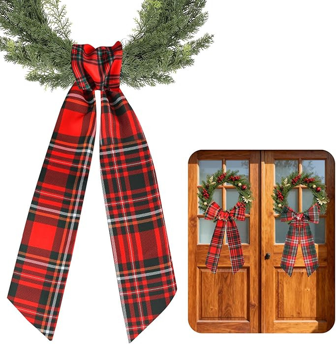 Christmas Wreath Sash for Front Door - 2 Pcs Red Plaid Wreath Sash for Front Door Holiday Party H... | Amazon (US)