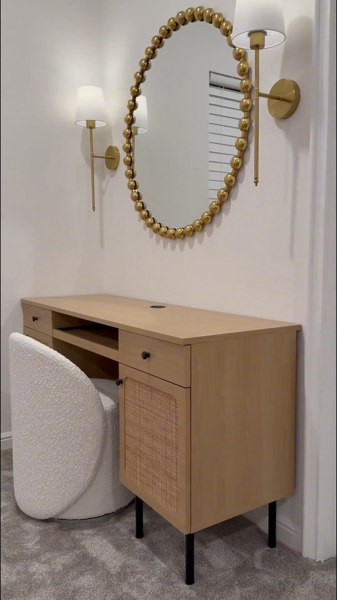 We found it! 😊 - The perfect desk  for smaller spaces….🤎 

It measures 55.5 inches in width & the wall is 57 inches. The mirror is 36x36 inches & the sconces are battery operated making them convenient to place anywhere! 🎉 …. Excited to share the rest of the room as we put it together 😊

#LTKStyleTip #LTKSaleAlert #LTKHome

#LTKHome #LTKSaleAlert