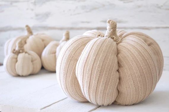READY TO SHIP Set Of Four cream with gold sparkles sweater Pumpkins, fabric pumpkins, pumpkin pat... | Etsy (US)