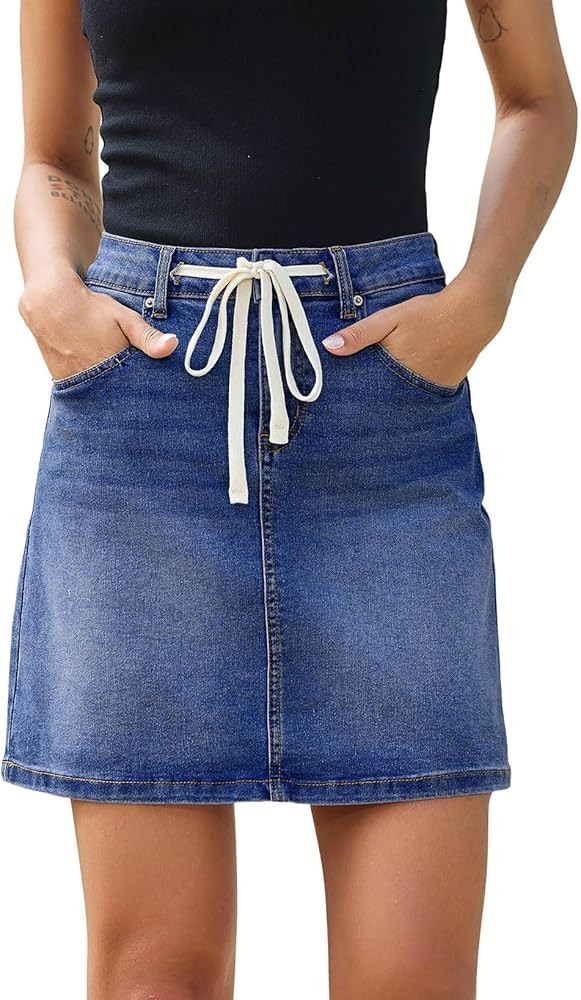 Sidefeel Women's Jean Skirt High Waist Drawstring Stretchy Casual Summer Loose Fit Trendy Mini De... | Amazon (US)