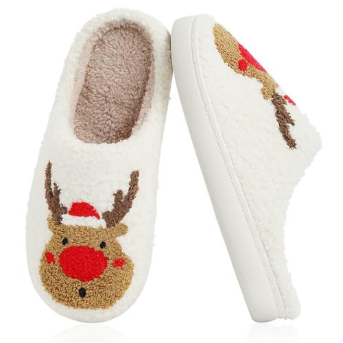 Menore Christmas Reindeer Slippers for Womens Mens Plush Warm Santa Claus Slippers Fuzzy House Slippers Christmas Gifts For Girls Women Girlfriend | Amazon (US)