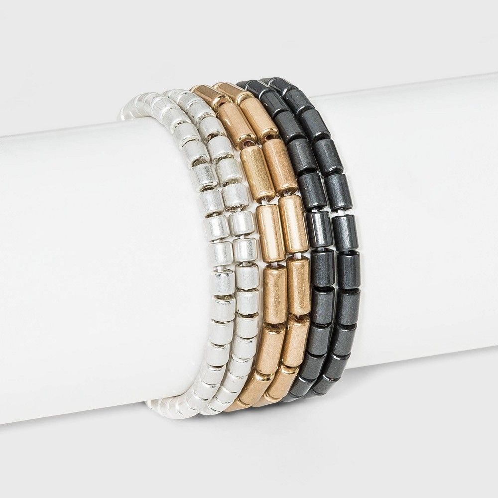 Cylinder Beaded Stretch Bracelet Set 6pc - Universal Thread , Black/Grey/Gold | Target