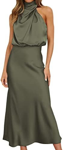 Women Sleeveless Mock Neck Cocktail Dresses Elastic Waist Party Wedding Guest Dress Satin High Sp... | Amazon (US)