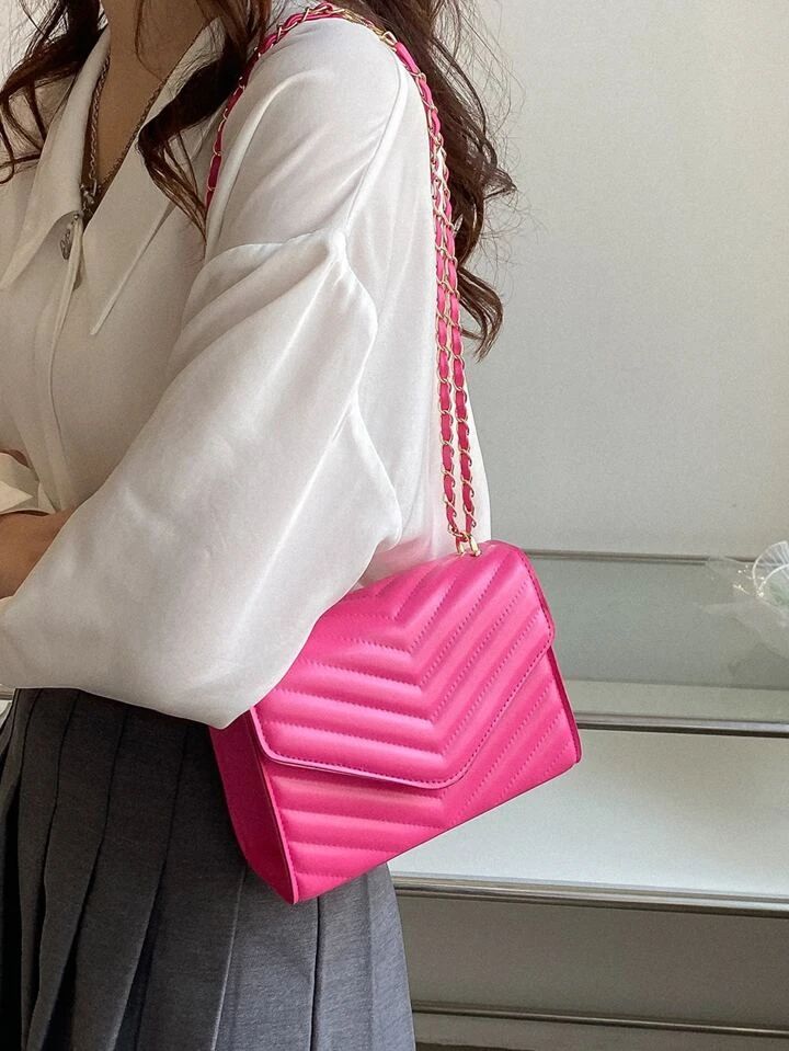 Mini Neon Pink Chevron Flap Square Bag pink | SHEIN