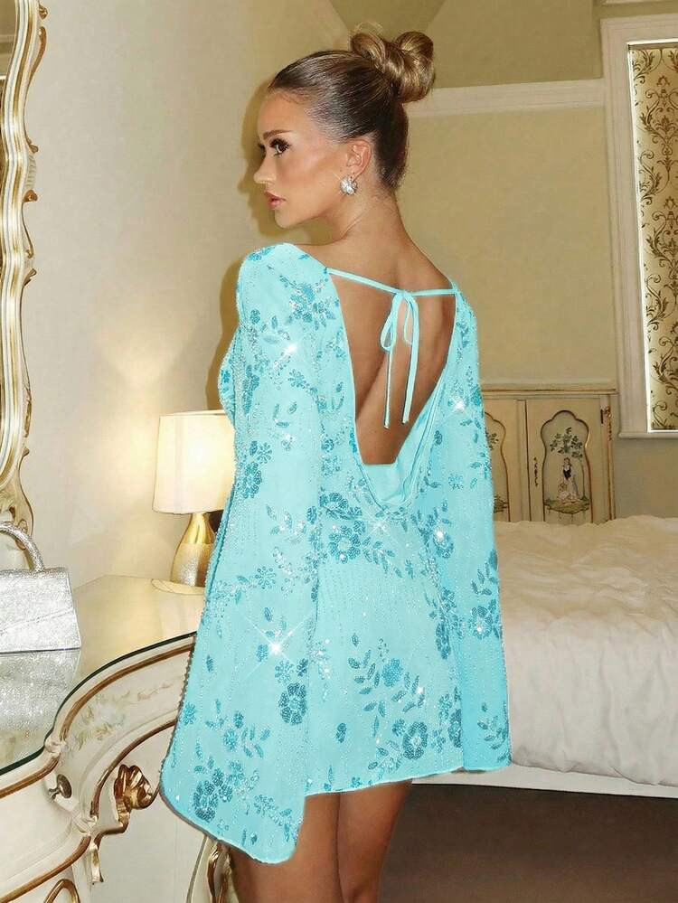 Glamine Charm Blue Floral Summer 70's Birthday Party Party Disco Chiffon Sequin Embroidered Backl... | SHEIN