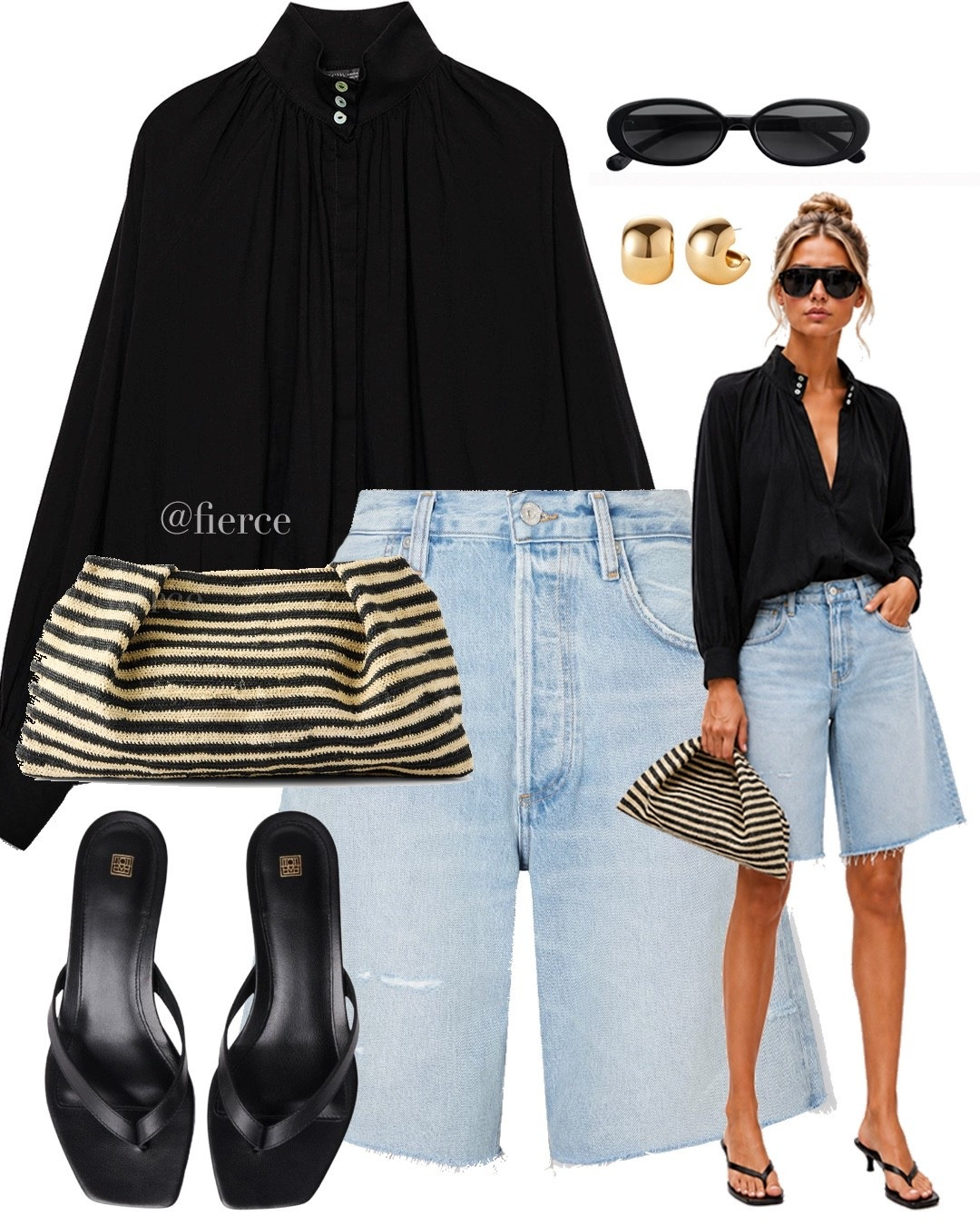 Black shirt blue denim Bermuda shorts black thong kitten heels striped clutch bag

#LTKuk #LTKsummer #LTKeurope