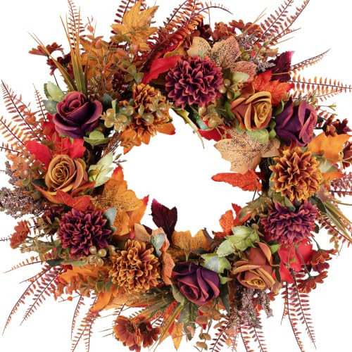 GYWJJ Fall Wreaths for Front Door 22 Inch Autumn Wreath with Burnt Orange Chrysanthemum Peonies Flowers Maple Leaves Farmhouse Fall Wreath for Outdoor Porch Window Thanksgiving Harvest Decor | Amazon (US)