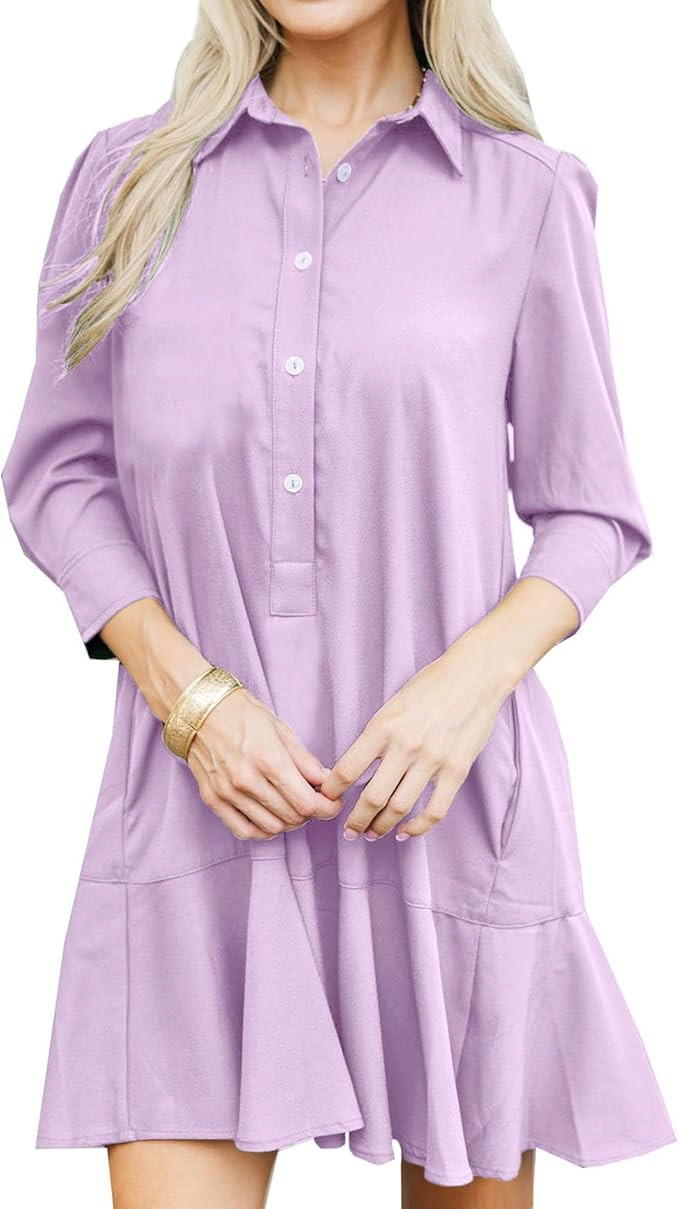 Women‘s Tunic Shirt Mini Dress Long Sleeve Cotton Short Dress Button Up Ruffle Hem Shift Dresse... | Amazon (US)