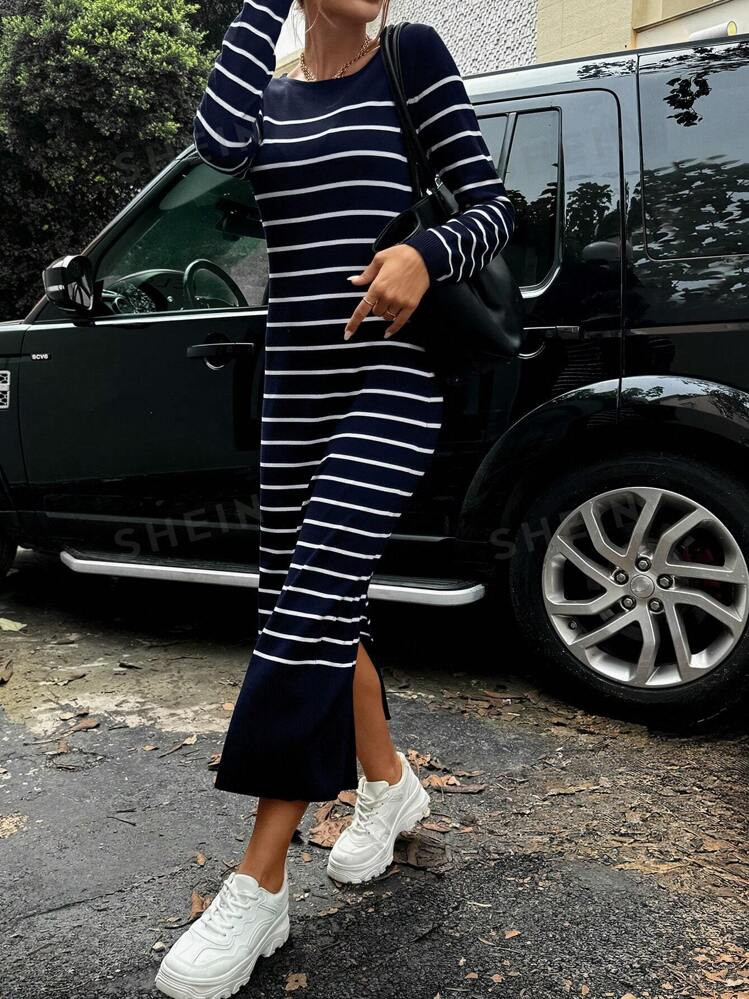 SHEIN Essnce Robe-pull mi-longue décontractée à col ras-du-cou à manches longues, à rayures ... | SHEIN