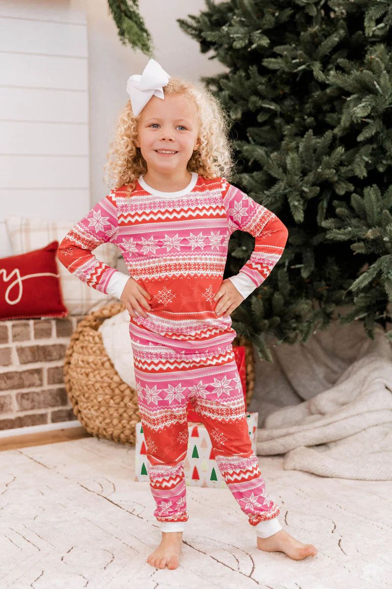 Light Up Your World Kid's Pink/Red Fair Isle Pajama Set FINAL SALE | The Pink Lily Boutique