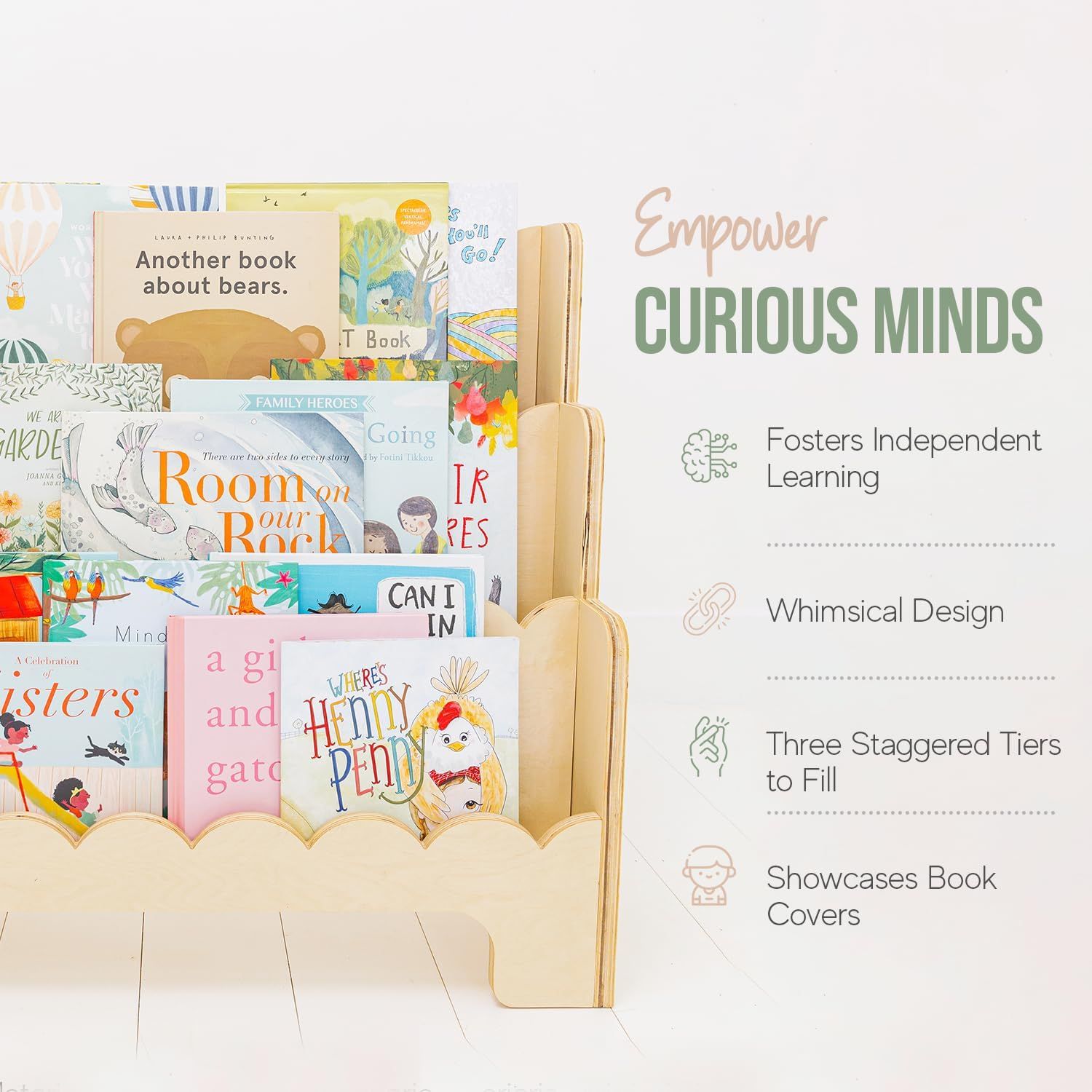 Wooden Kids Bookshelf w/Scalloped Edges - Perfect Height 3-Tier Montessori Bookshelf for Kids - D... | Amazon (US)