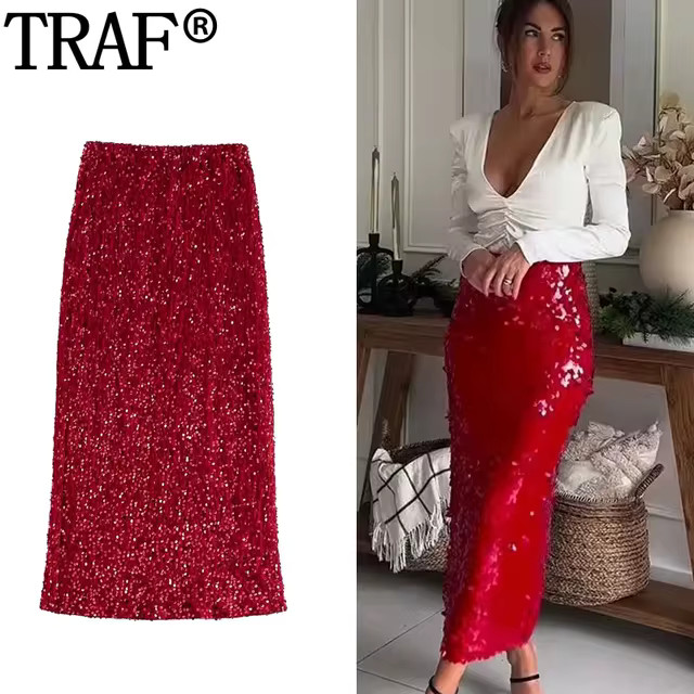 TRAF Red Sequin Skirt Woman High Waist Long Skirts For Women Luxury Glitter Midi Skirt Autumn Win... | AliExpress (US)
