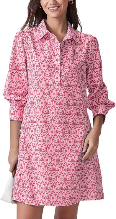 Floral Mini Dress Women Long Sleeve Holiday Sundress Button-Up Tunic Shirt Dress with Pockets | Amazon (US)