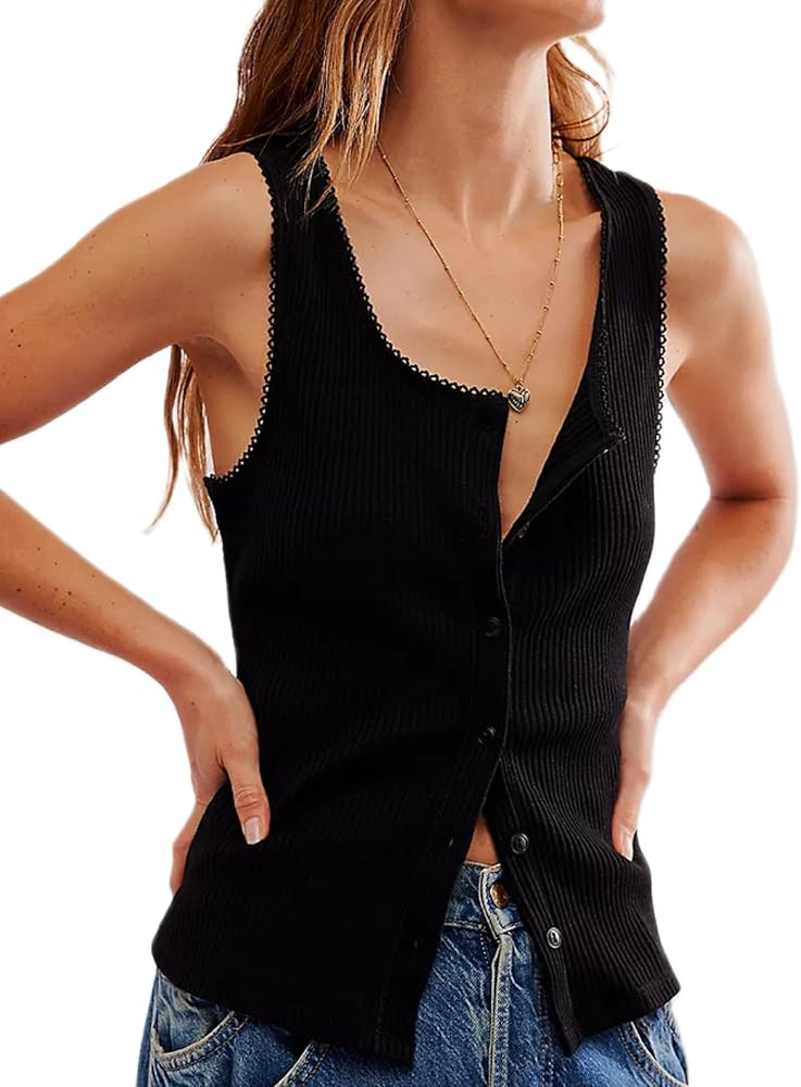 KMBANGI Womens Ribbed Button Tank Top Scoop Neck Lace Trim Fitted Tee Tops Sleeveless Y2k Button ... | Amazon (US)