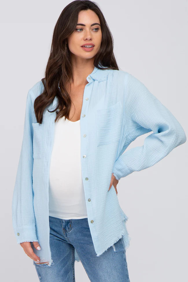 Light Blue Frayed Hem Button Down Maternity Top | PinkBlush Maternity