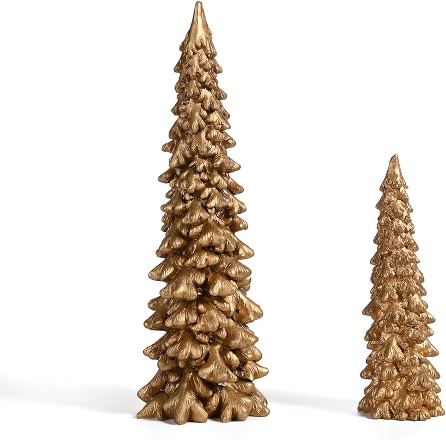 RM ROOMERS Resin Christmas Tree Figurines Home Decor 2Pcs, Small Gold Christmas Decorative Figurine  | Amazon (US)