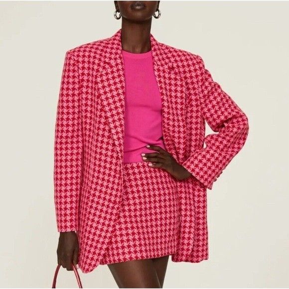 AFRM Sassy Blazer Womens XL Pink Red Herringbone Lined Oversized Fit 2-Button | Poshmark