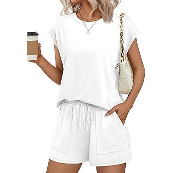 Ekouaer Two Piece Sets for Women Summer Crew Neck Lounge Short Sets Cap Sleeve Drawstring Vacatio... | Amazon (US)