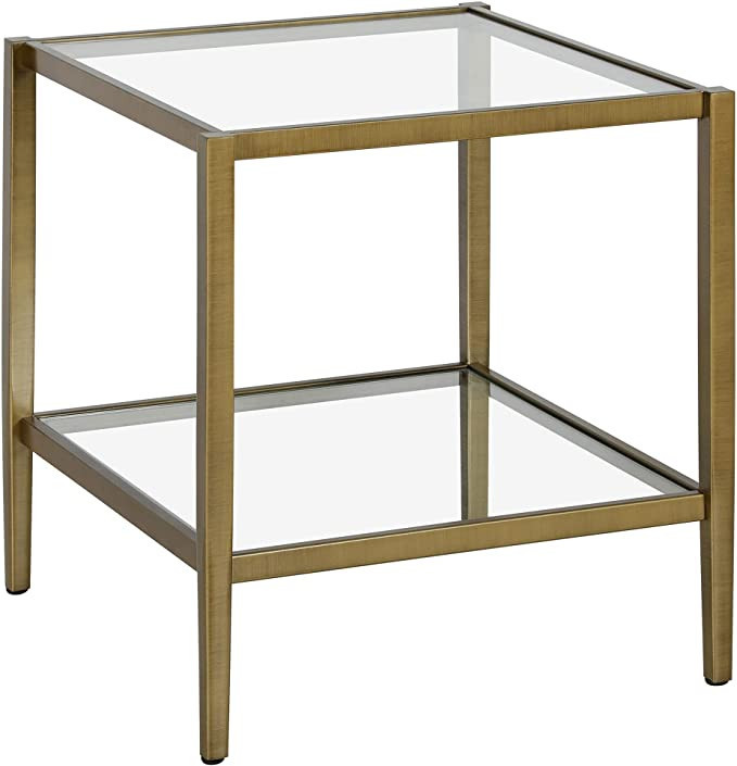 Henn&Hart 20" Wide Square Side Table with Glass Shelf in Antique Brass, Table for Living Room, Be... | Amazon (US)